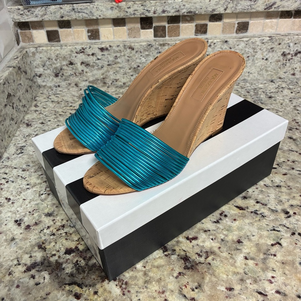 Aquazzura cork and metallic blue Wedge Sandals